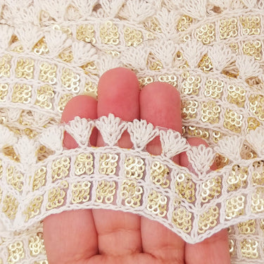 Nine Yards Off White Scallop Lace Trim Embroidered with Gold Sequins, Cutwork Trim, Scallops Wedding Trim